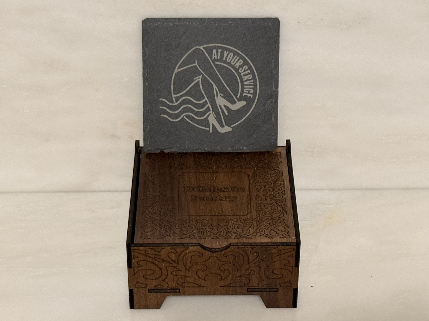 DOMestic Pantry Engraved Slate Coaster Sets with Wooden Holder – “Wine & Whimsy Meets Kink & Class” Collection