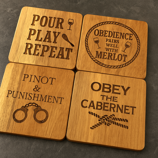 DOMestic Pantry Engraved Wooden Coaster Sets with Holder – “Wine, Whimsy & a Hint of Wicked” Collection