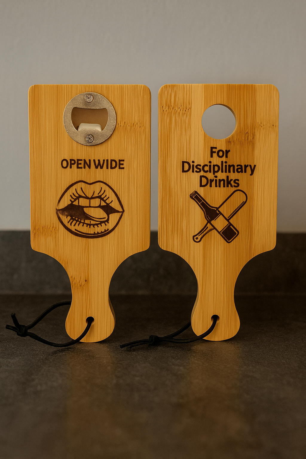 DOMestic Pantry “Open Wide” Bottle Opener Paddle – Wooden Disciplinary Drinkware for Naughty Nights