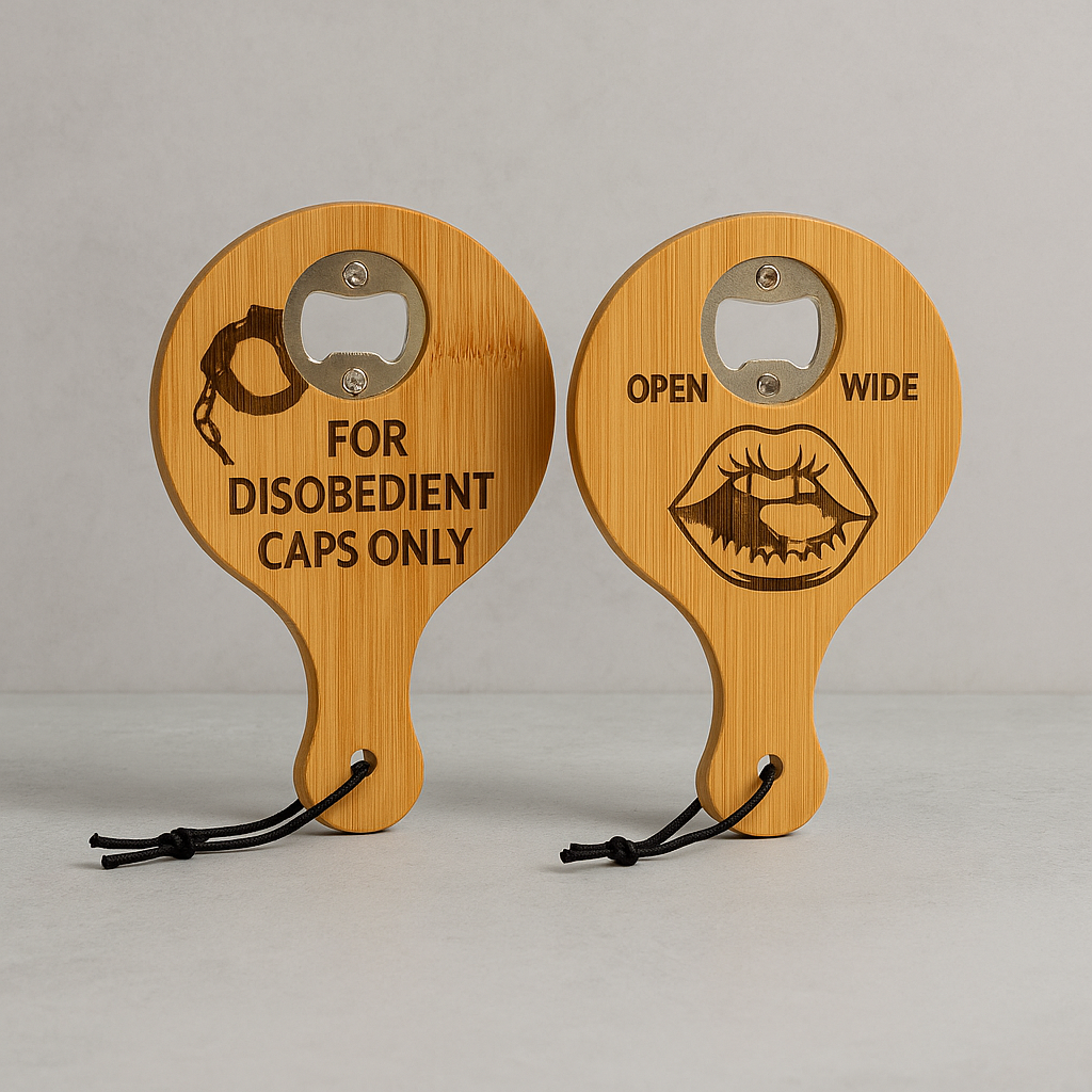 DOMestic Pantry “Open Wide” Bottle Opener Paddle – Wooden Disciplinary Drinkware for Naughty Nights