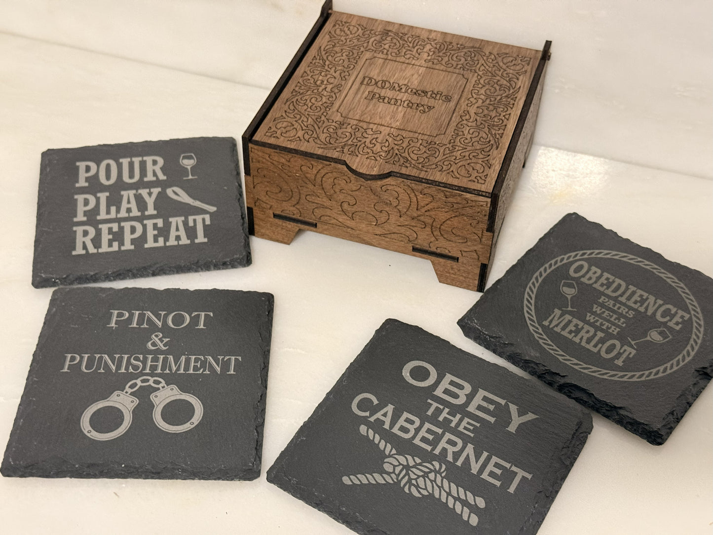 DOMestic Pantry Engraved Slate Coaster Sets with Wooden Holder – “Wine & Whimsy Meets Kink & Class” Collection