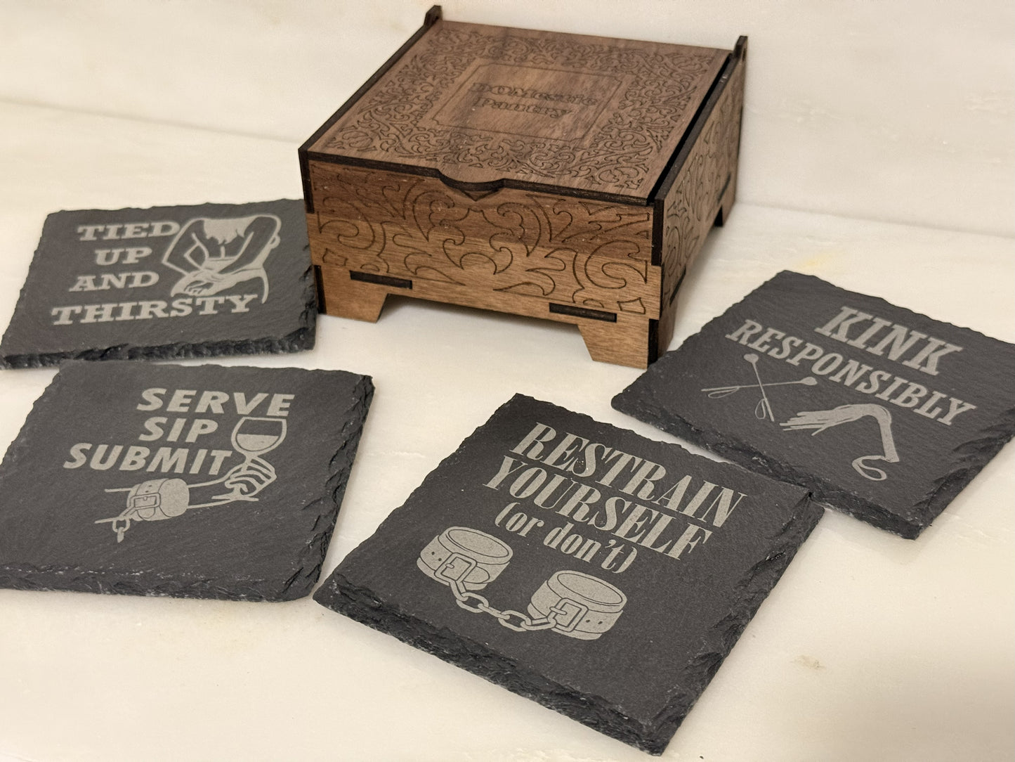 DOMestic Pantry Engraved Slate Coaster Sets with Wooden Holder – “Wine & Whimsy Meets Kink & Class” Collection