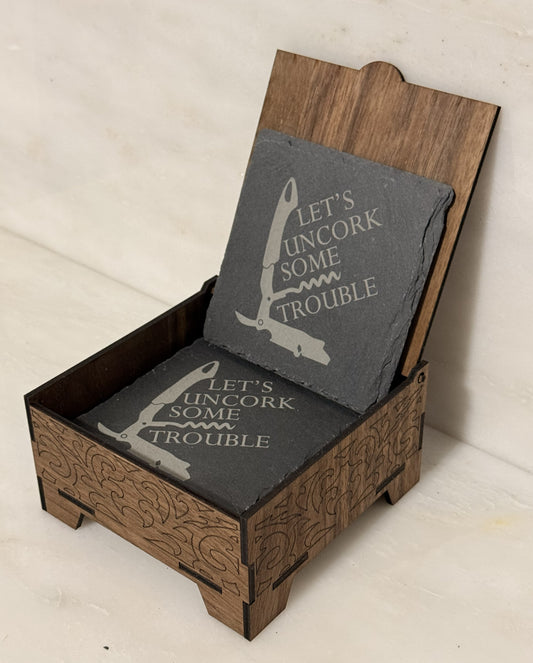 DOMestic Pantry Engraved Slate Coaster Sets with Wooden Holder – “Wine & Whimsy Meets Kink & Class” Collection